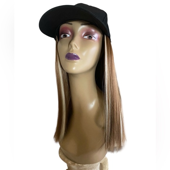 HAT WIG Black Ball Cap with 14” Mixed Blonde/Brown Wig Hair New - Picture 6 of 9